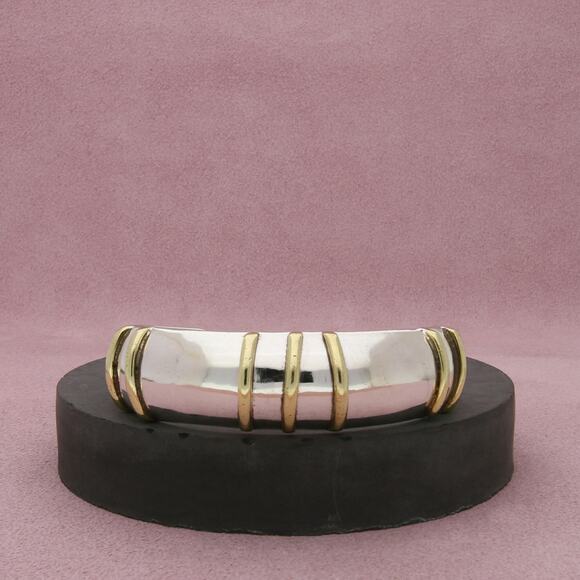taxco mexico sterling silver & brass accent striped cuff bracelet size 6.5in - Picture 1 of 3